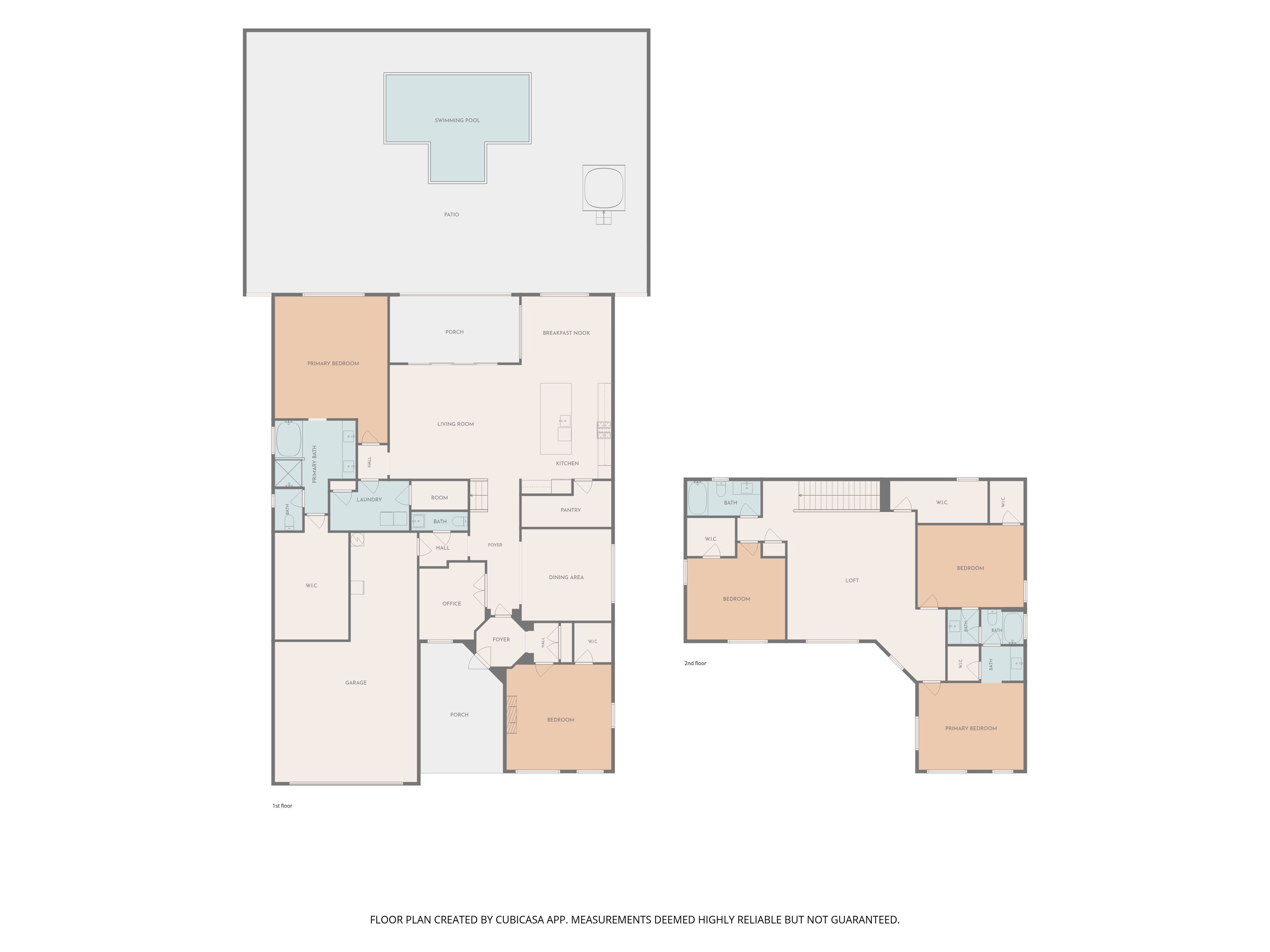 Two-floor plan of a residential property including pool and patio, garage, primary suite, additional bedrooms and a second-floor loft