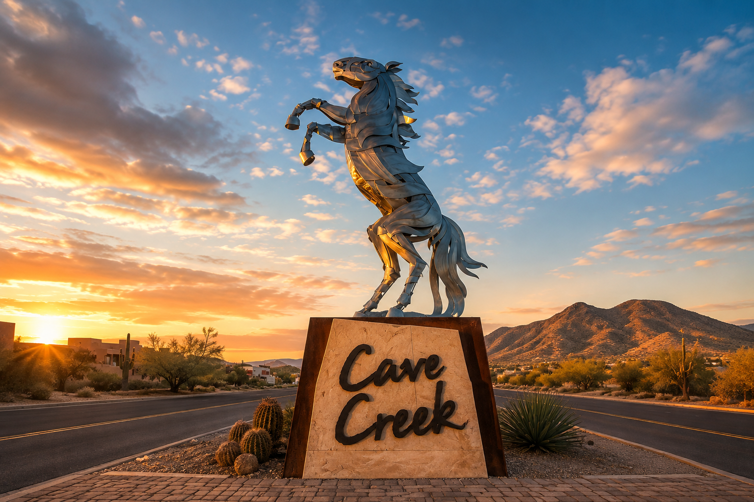 Cave Creek rearing-horse monument sign at sunset with desert mountains