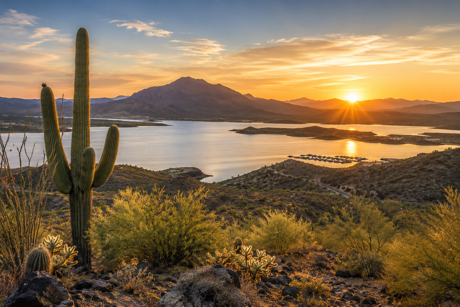 Lake Pleasant near Peoria, Arizona, at sunset with a saguaro cactus in the foreground and desert mountains beyond the water