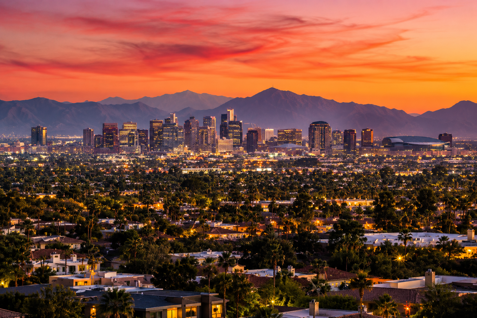 Downtown Phoenix skyline at twilight with mountains and a vivid sunset over the valley
