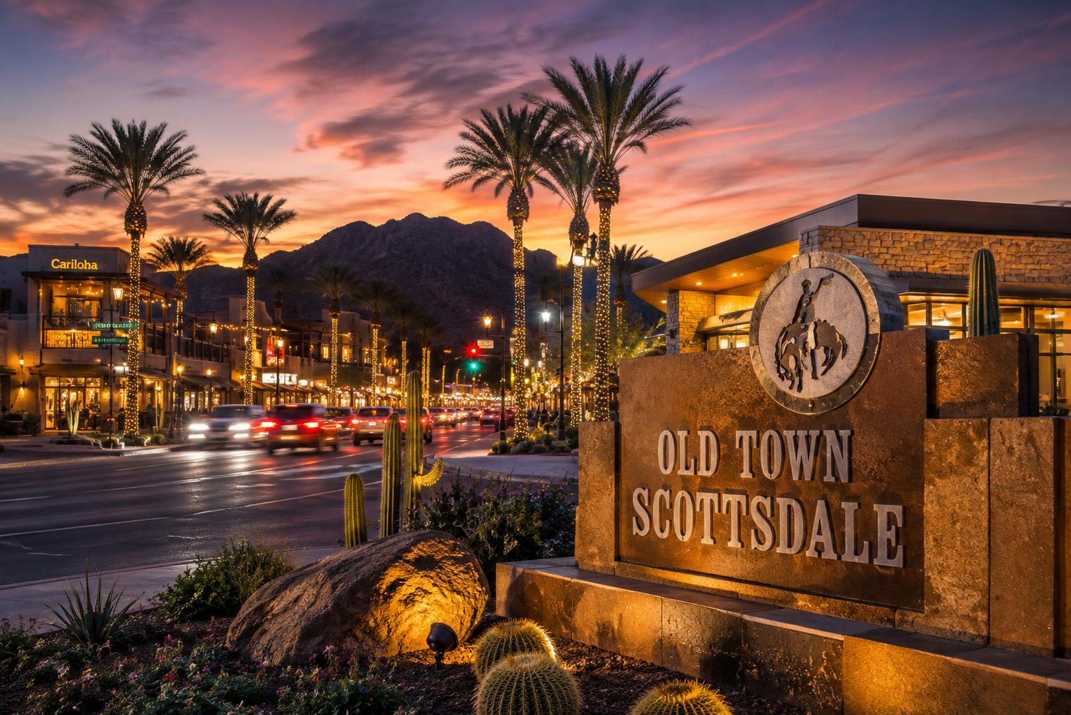 The Old Town Scottsdale monument sign at twilight, with illuminated palm trees, a lively street scene and mountains in the background in Scottsdale, Arizona